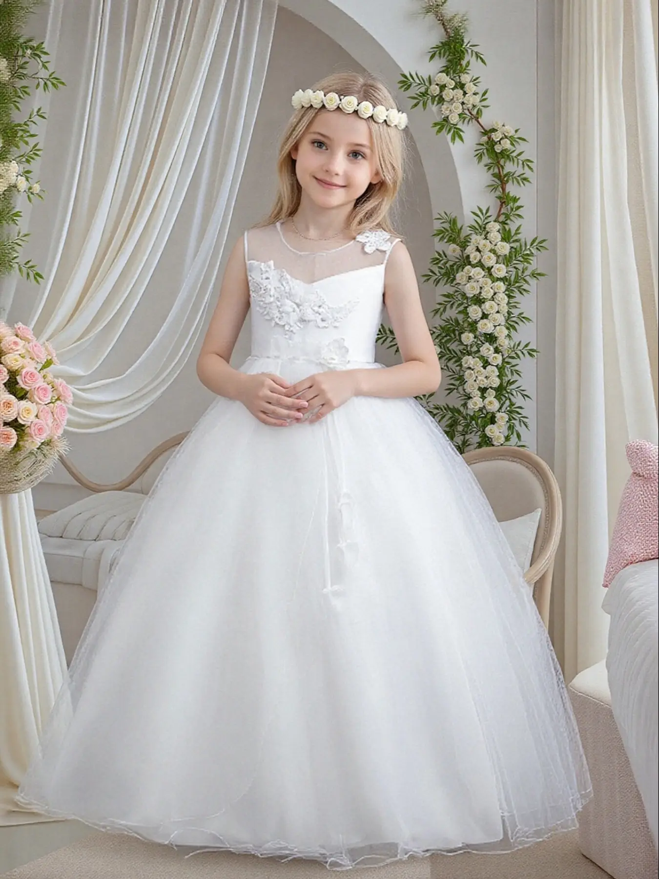 Girl's Floral Lace Bow Back Tulle Dress, Elegant Sleeveless A Line Dress for Party Wedding Guest, Kids Clothes for All Seasons