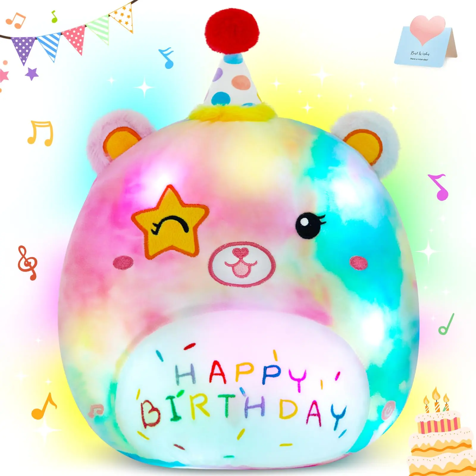14" Happy Birthday Light Up Musical Bear Plush Pillow Cute Rainbow Stuffed Animal Soft Plushie Star Wink Funny Pillows Home Room Decoration Gifts For
