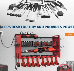 Garvee Wall-Mount Power Tool Organizer with Charging Station, Heavy-Duty 4-Layer Metal Garage Rack, 32.99"x8.66"x16.50", Black