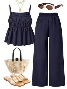 Casual Ribbed Texture Cami Top with Wide Leg Trousers 2 Piece Set, Womenswear, Ideal for Daily Wear, Vacation, Sister Photos, Spring & Summer