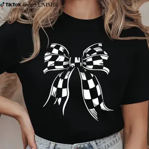 Everyday Wear Checkerboard Bow T-Shirt with Minimalist Design