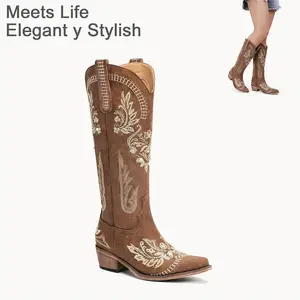 Brown Women's Cowboy Boot-Wide Calf Knee-Length Women Cowboy Boot, Shiny Shiny Rhinestone Western Country Boots, Classic Embroidery, Pointed Zipper Vintage Fashion High Leg Boot