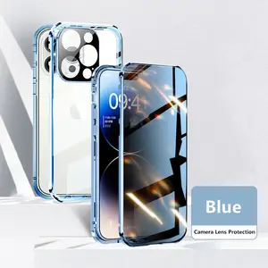 Metal Glass Magnetic Case for iPhone 16 15 14 13 12 Pro Max 17 Pro 360° Full Protection Double Sided Bumper Cover Shockproof Screen Protector Casing Protective Smartphone Blue