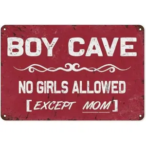 Sign Paing Boy Cave Metal Sign No Girls Allowed Except Mom Sign Boy Room Wall Door Sign Decor for Teen Boys Bedroom Door Wall Decoration  Paing 8x12inch Wall Art Sign