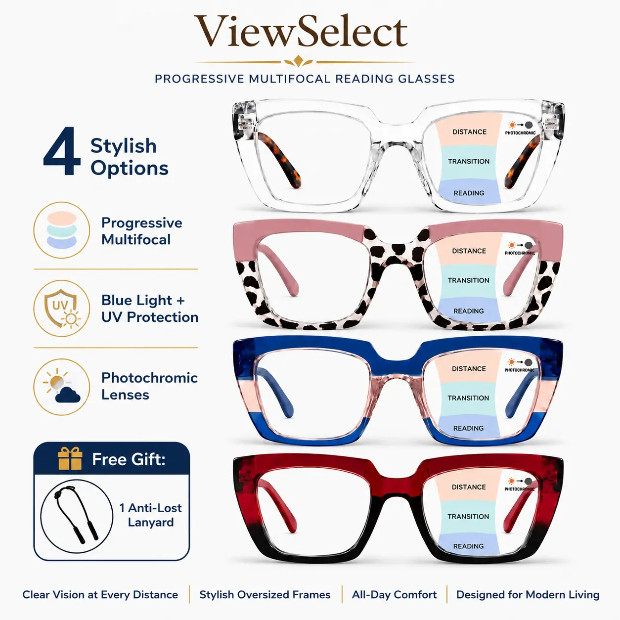 ViewSelect Progressive Multifocal Photochromic Reading Glasses - Lightweight, Durable, Style1 Daily Use, 3-in-1 Far-Mid-Near Vision, Fashion Square Frame, Free Anti-Lost Lanyard for Women Men