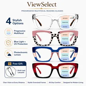 ViewSelect Progressive Multifocal Photochromic Reading Glasses - Lightweight, Durable, Style1 Daily Use, 3-in-1 Far-Mid-Near Vision, Fashion Square Frame, Free Anti-Lost Lanyard for Women Men