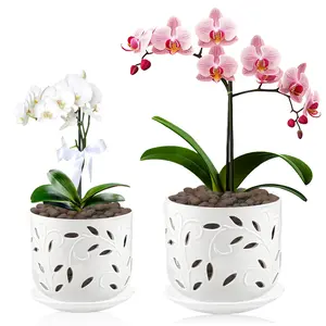 BOMPOW Set of 2 Orchid Pots with Holes & Saucers for Orchid Root Health, 5 inch&6 inch Ceramic Pots for Plants, Effective Drainage and Ventilation to Assist New Plants or Repotting