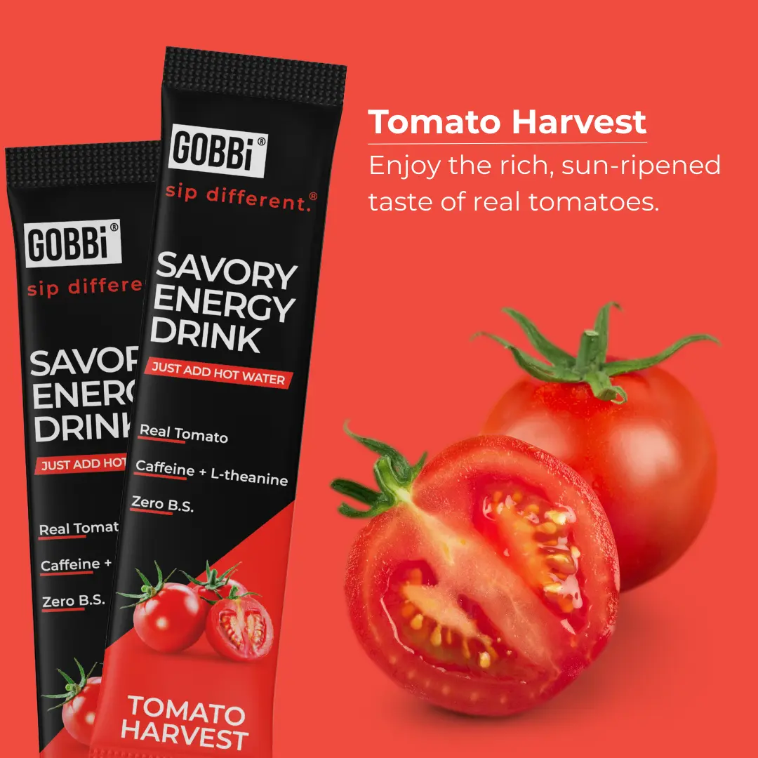 GOBBi Tomato Harvest Energy Drink - Savory Tomato Flavor with Caffeine & L-theanine - On-the-Go Sticks - No Preservatives - Natural Energy Boost