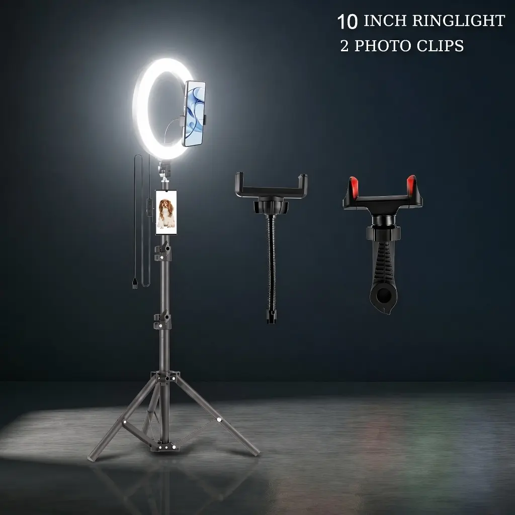 10-inch Three-colour LED Ring Light, with 43.3-inch Tripod, USB Power Supply, Adjustable Brightness, Suitable for Live Broadcast, Makeup, Selfie, Festival Party Lighting