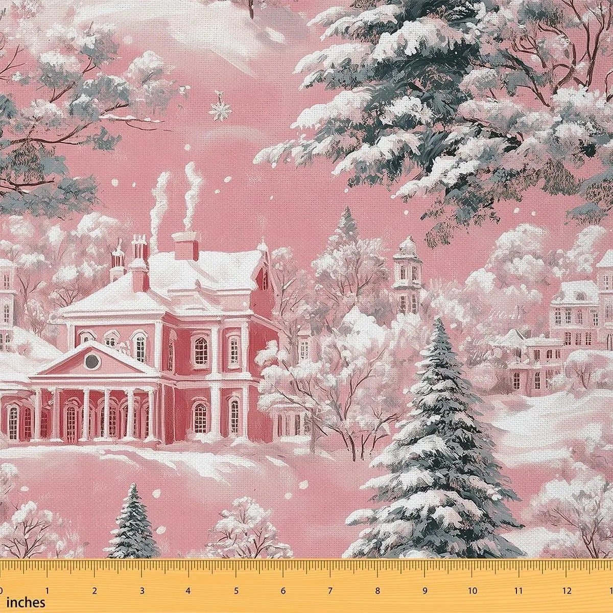 Snow Winter House Fabric,Happy New Year Soft Flannel Polyester No Stretch Fabric,Merry Christmas Trees Decorative Cloth,Pink Green White Crafts & Sewing Supplies DIY Fabric