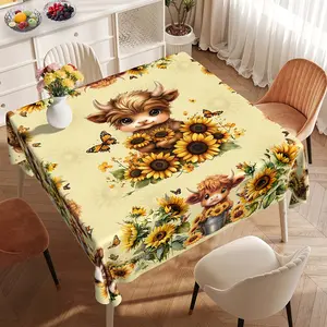 Highland cow and sunflower tablecloth, retro cute sunflower pattern Highland cow countryside farmhouse tablecloth, used for theme parties, family kitchen dining picnic decoration, holiday dinner home decoration, Picnic Table Cover