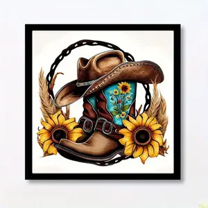 Cowboy Hat & Sunflower Landscape Pattern DIY Diamond Arts Colorful Painting Kit without Frame, DIY Diamond Arts Painting Kit, Wall Art Decor for Home