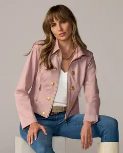 Zip Front Crest Button Faux Suede Jacket Pink