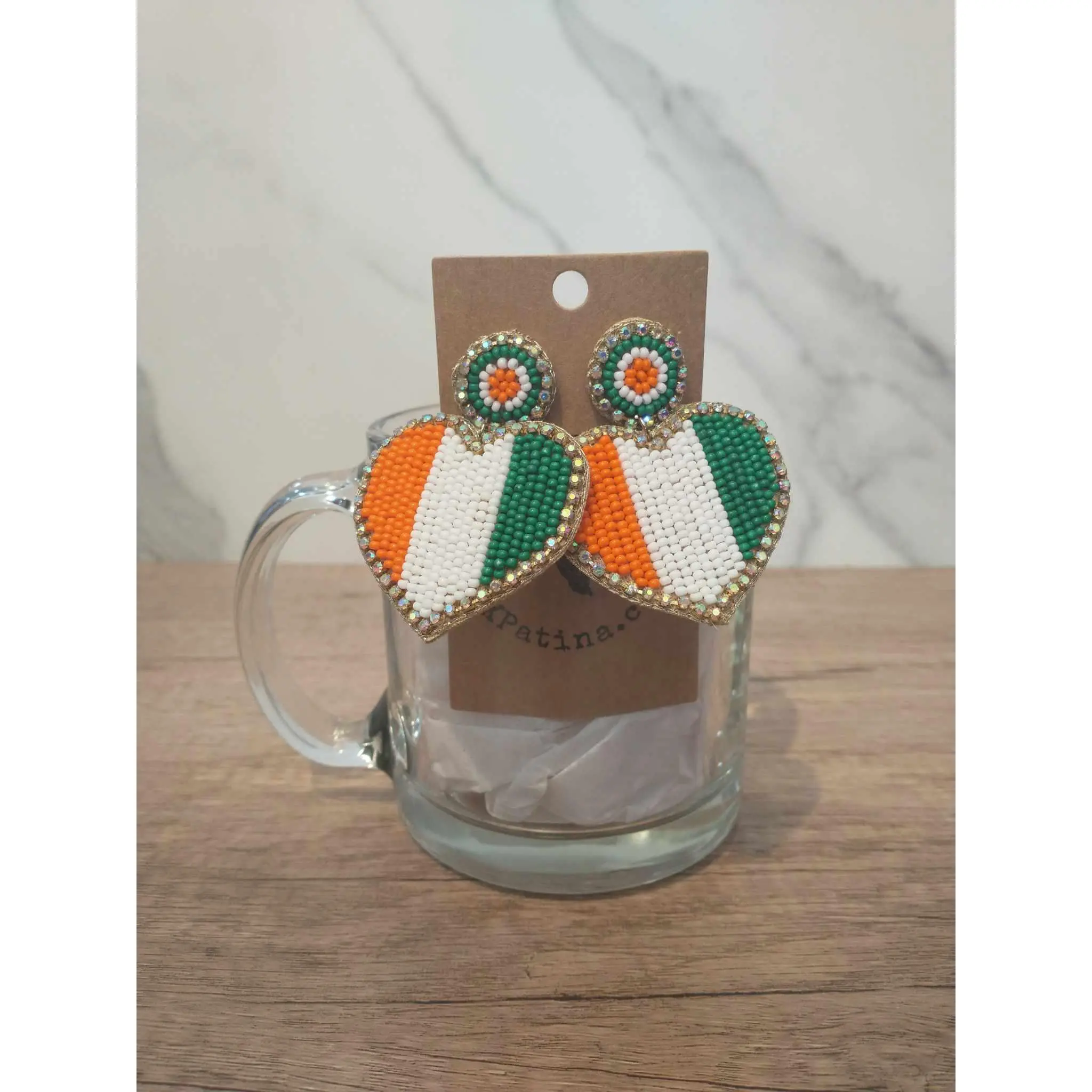 Irish Flag Heart Beaded Earrings - Green, Orange & White Design, Elegant Beadwork, Perfect for Any Occasion