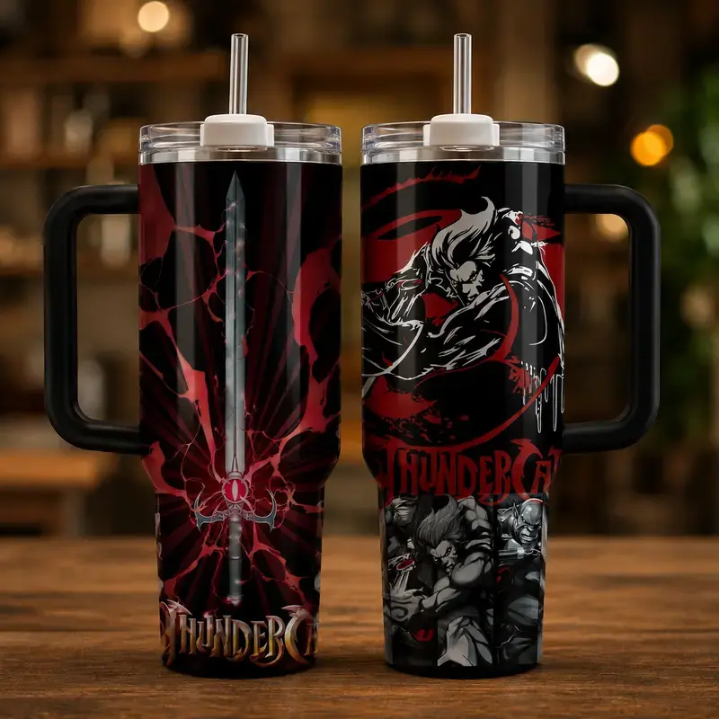 Retro Thunder Cats 40oz Travel Mug With Handle, Red Black Warrior Cat Design Stainless Steel Insulated Tumbler Cup With Straw