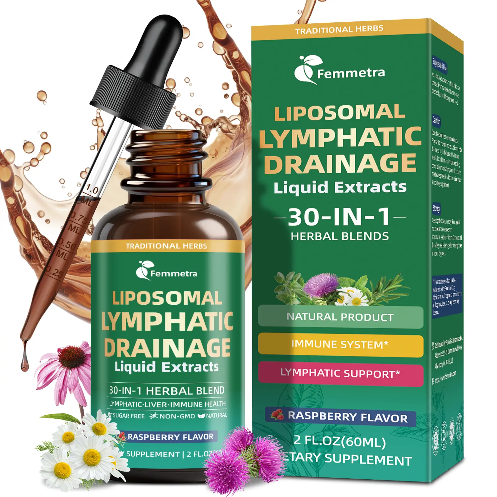 Liposomal Lymphatic Drainage Drops with 30 Herbs, 2 Fl Oz | Supports fluid balance, bloating & puffy face, ideal for long sitting late-night watch parties, sugar free raspberry flavor