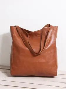 Women's Soft Leather Tote Bag with Pockets, Vintage Oil Wax Leather, Large Capacity, Casual Fashion Handbag, All Seasons