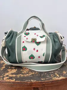 Mini Cross-Body Duffel Bag in Emerald Corduroy and Retro Strawberry Pattern w/ Sage Webbing