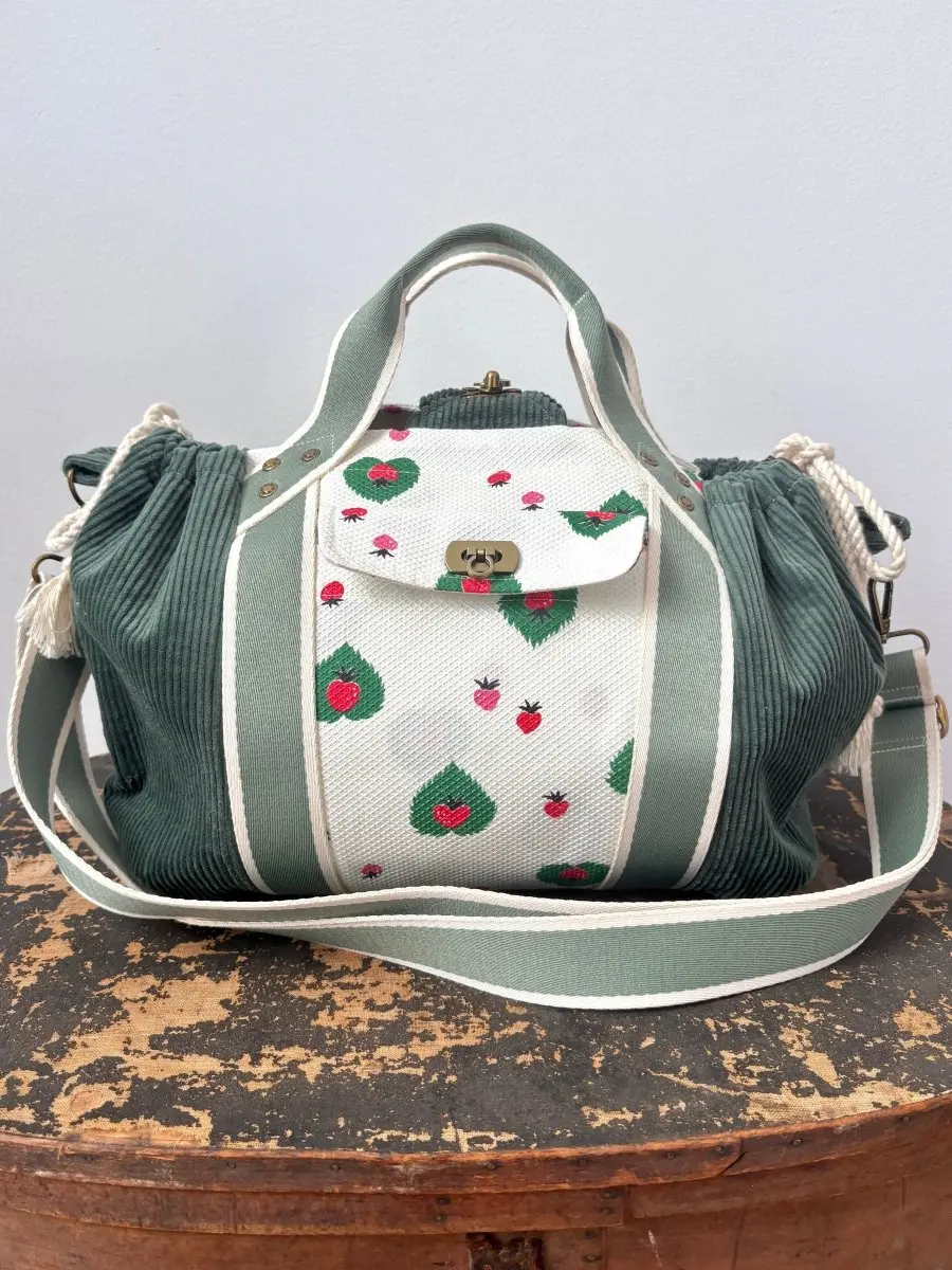 Mini Cross-Body Duffel Bag in Emerald Corduroy and Retro Strawberry Pattern w/ Sage Webbing