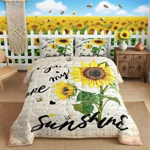 Sunflower Bedding Set,Black Sketch Sunshine Graffiti Comforter Set for Kids Teens Adults Home Room Decor,Rustic Farmhouse Bee Quilt Set,Nature Plants Animals Duvet Insert