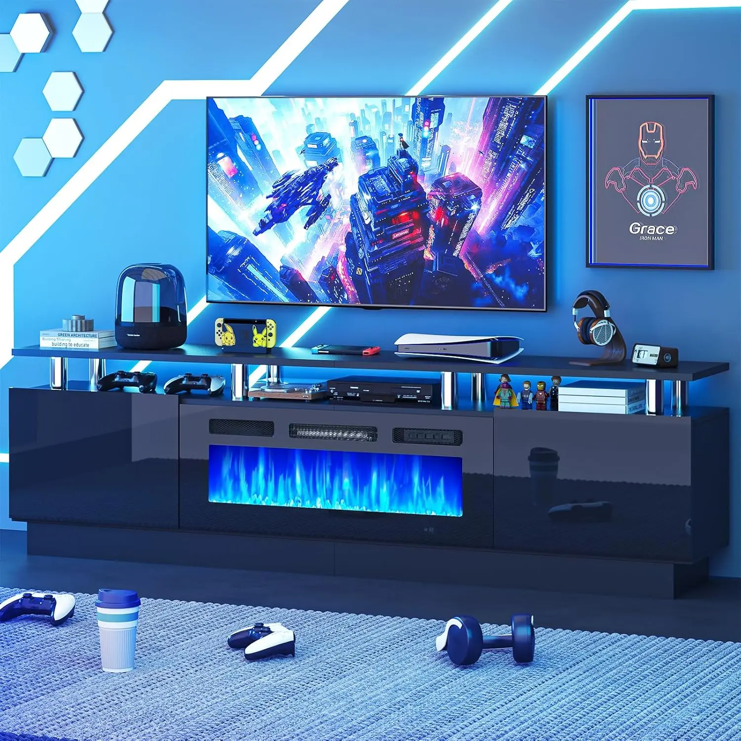 70" Fireplace TV Stand, Modern Entertainment Center & 36 Inch Electric Fireplace with Remote Control, LED Light, Fire Place Tv Stand for Living Room for TVs up to 80"