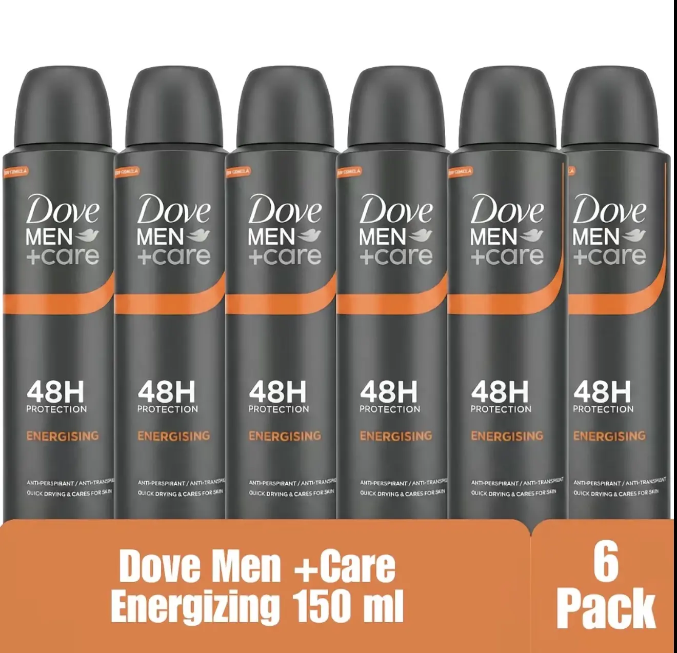 Dove Men+Care Antiperspirant Spray Deodorant - Anti-Perspiration Men's Deodorant, 6-Pack, Energising Mandarin Scent, 48-Hour Long-Lasting Odor Protection, 5 oz (150ml) Each