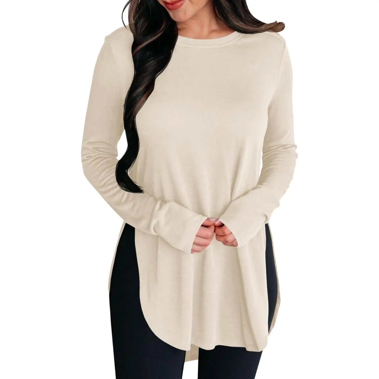 Womens Long Sleeve Tunic Tops Fall Casual Crew Neck Side Split Hi-Low Hem Loose Shirts To Wear With Leggings,clothes for back to school,first day of school outfits