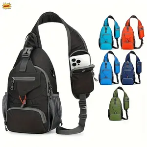 Unisex Sports Sling Bag Large Capacity Travel Hiking Commuting Backpack Adjustable Breathable Shoulder Strap Multi - pocket with Headphone Hole Nylon Material