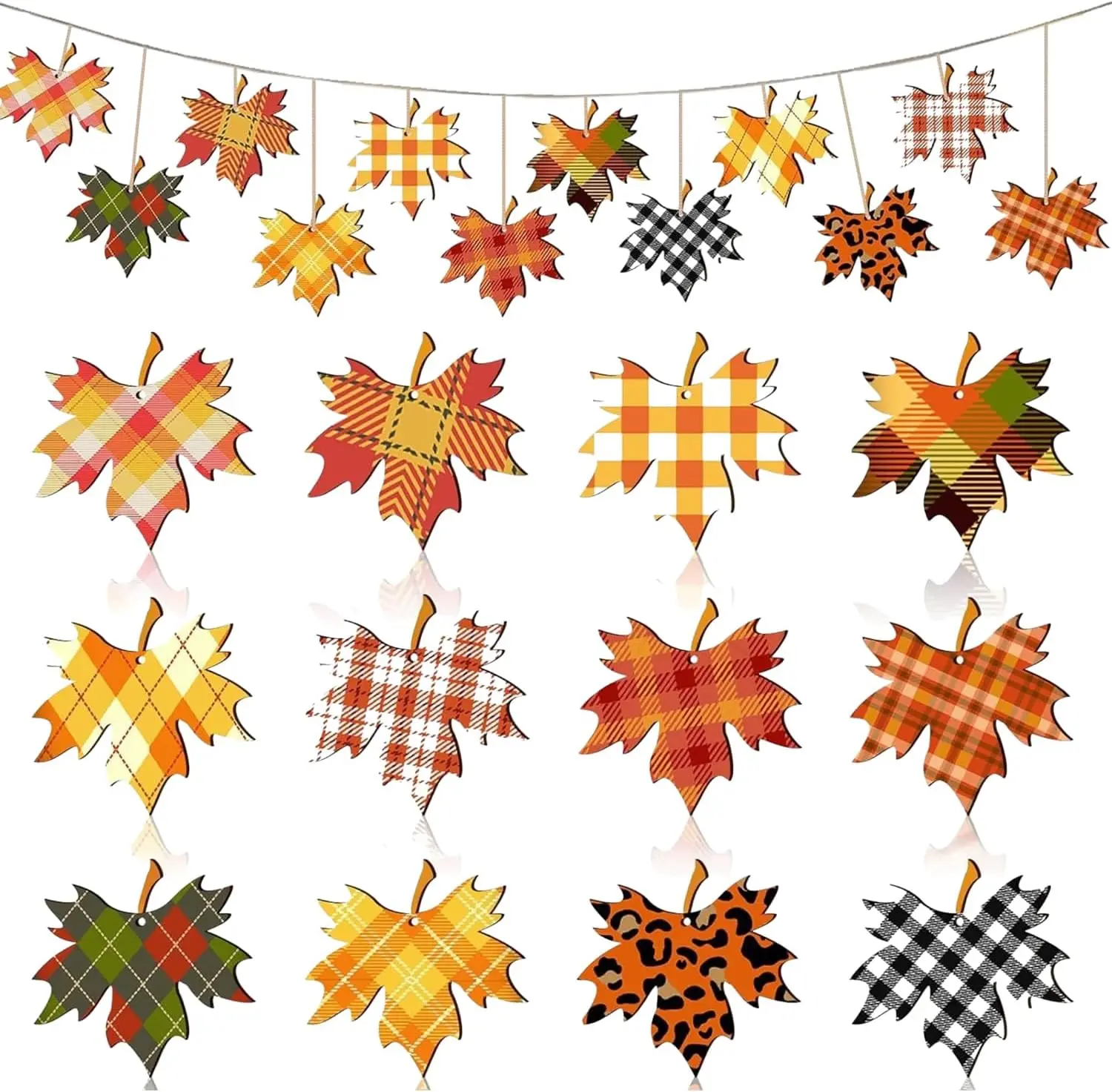 12 count Autumn Thanksgiving Decorations with  Rope Plaid  Maple Leaves Fall Tree Hanging Decor Maple Leaf Hanging Ornaments for Porch Mantel Festive Thanksgiving Party Decorations
