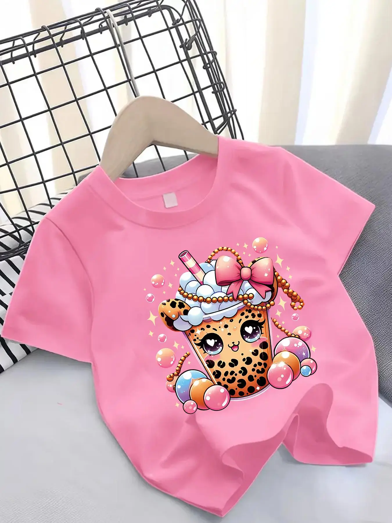 Girls Summer Fashion Cartoon Pearl Milk Tea Graphic Print Short Sleeve T-Shirt, Perfect for Outdoor Activities and Casual Wear