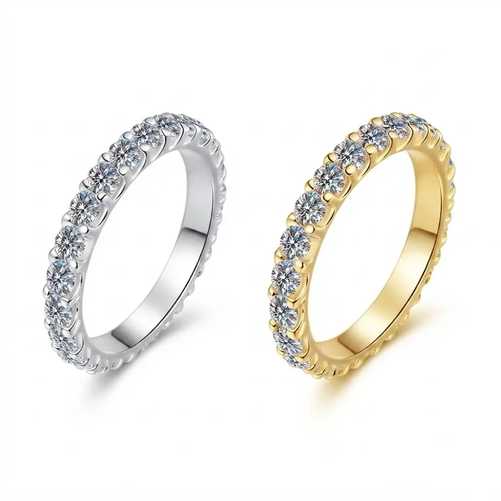 EVA S925 Sterling Silver Synthetic Moissanite Eternity Band Ring, Artificial Gemstone Jewelry Accessory