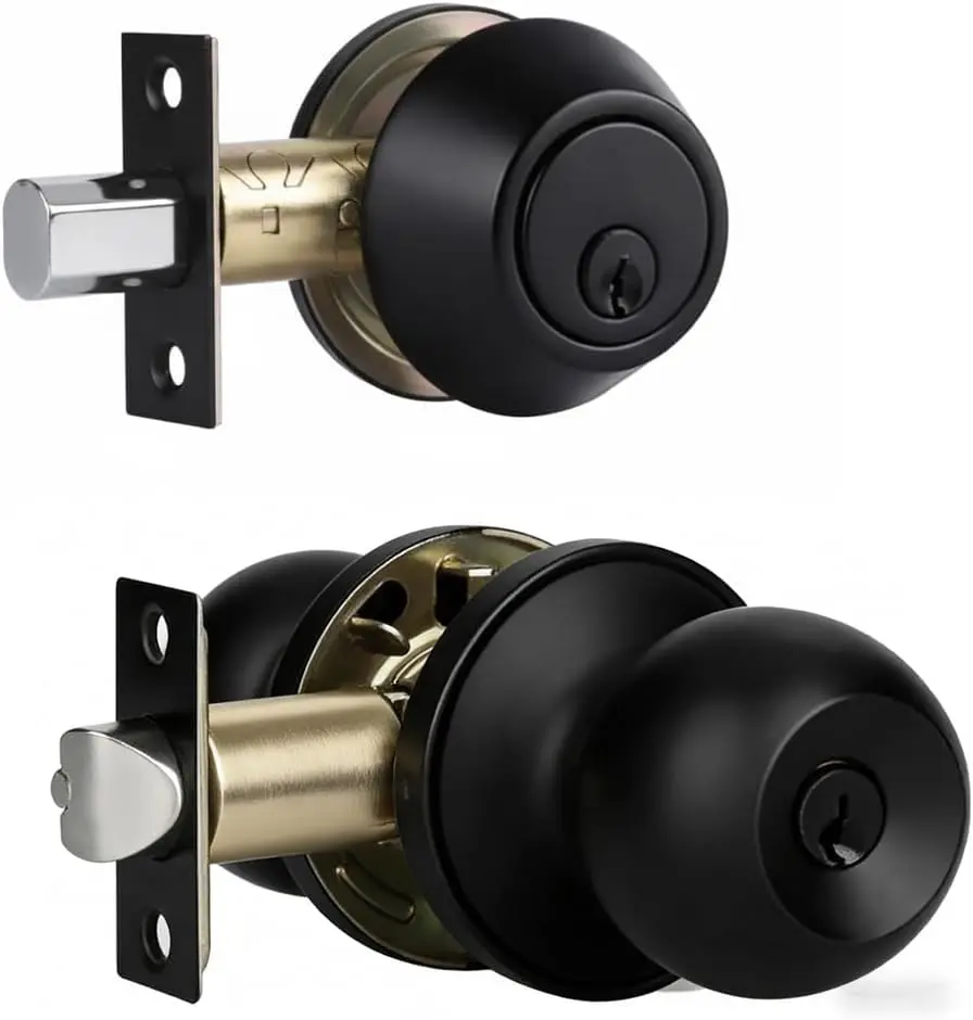 Front Door Lock Set with Deadbolt and Keyed Entry Handle, Matte Black Exterior Lockset for Entry and Garage Doors