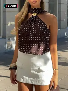 Women Polka Dot Halter Neck Blouse Scarf Neck Sleeveless Summer Shirt Burgundy Dot Print Chiffon Flowy Tank Elegant Streetwear Top Parisian Chic Casual Going Out Blouse Lightweight Airy Fabric Metal Brooch Decoration
