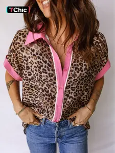 Hotapei Summer Casual Leopard Print Colorblock Animal Wind Short Sleeve Shirt Fitted, Stylish Turn-Down Collar, Perfect for Daily Wear