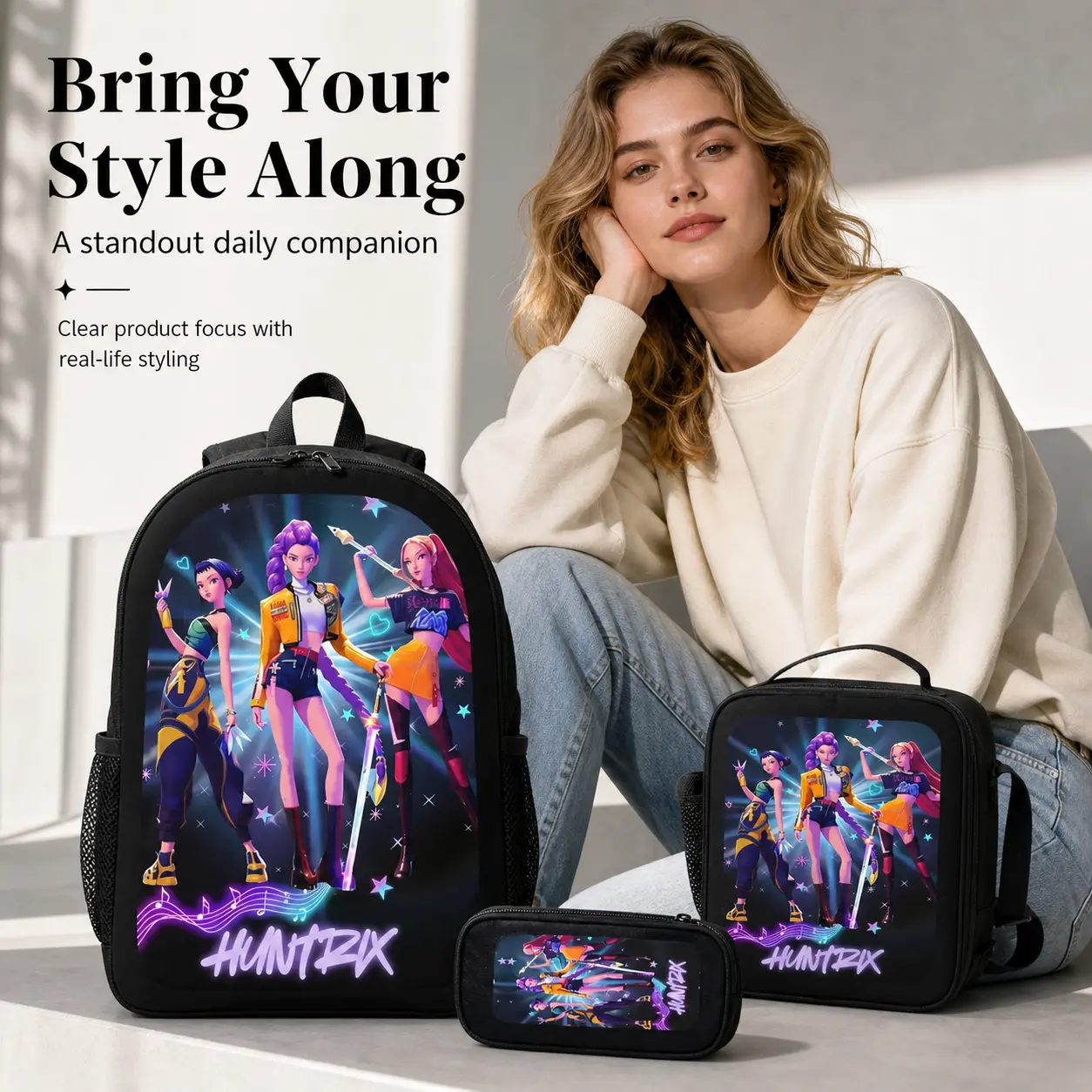 Kids' 3-Pcs Trendy Girl Character Print Backpack Set - Cartoon School Rucksack, Lunch Box, Pencil Case Kit for Students