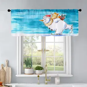 1Pc Christmas And New Year Printed Kitchen Curtains Ice Skating Snowman Carries A Pres Curtains Curtain Valance Living Room Bedroom Bathroom Home Decor 54X18 Inch