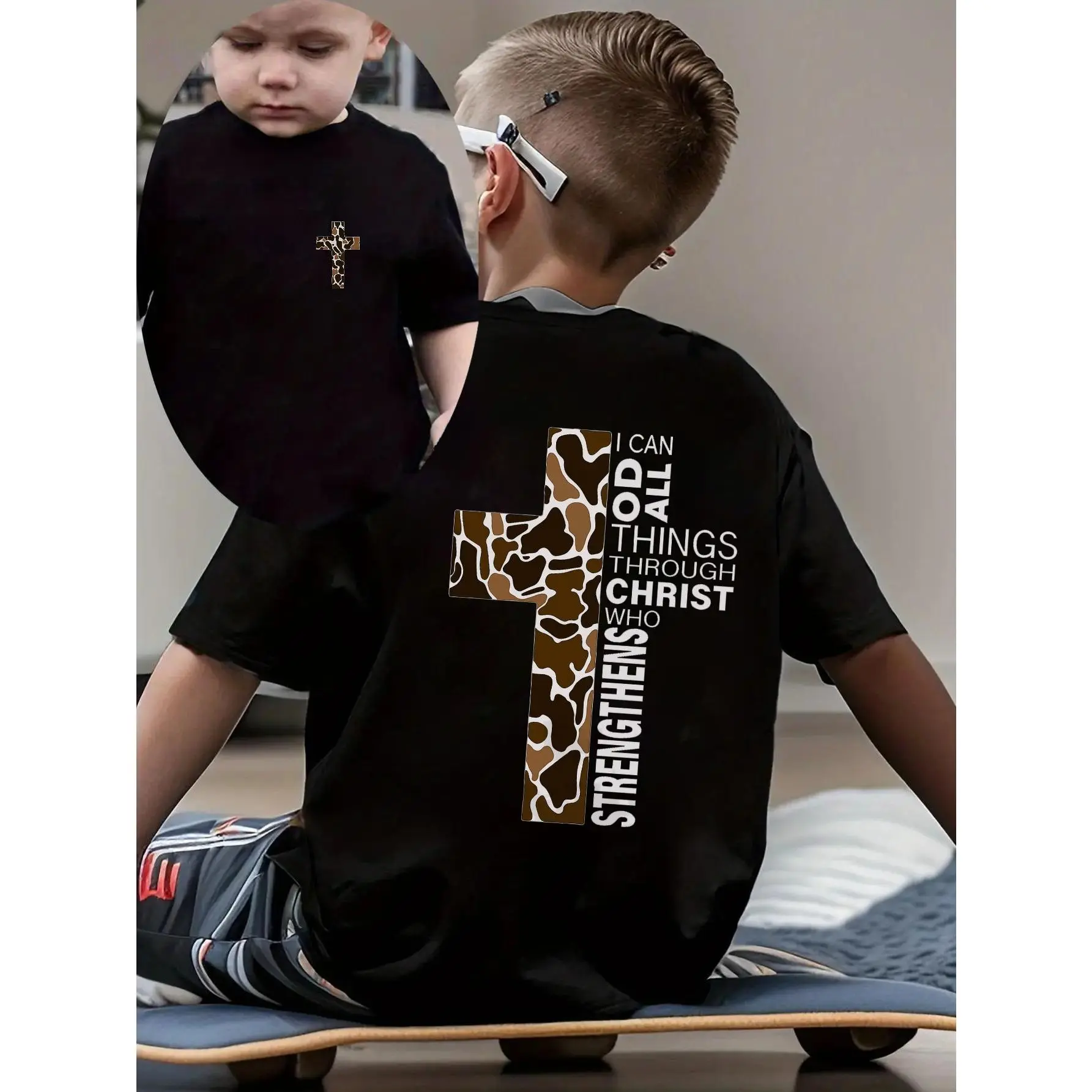 Kids T-Shirt Black Cross Giraffe Print I Can Do All Things Through Christ Who Strengthens Me Christian Faith Daily Wear,100% cotton,Suitable for wear of both boys and girls blue kid shirt
