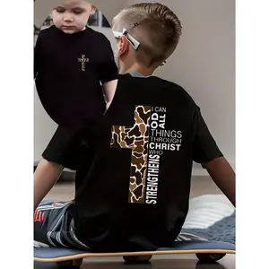 Kids T-Shirt Black Cross Giraffe Print I Can Do All Things Through Christ Who Strengthens Me Christian Faith Daily Wear,100% cotton,Suitable for daily wear of both boys and girls