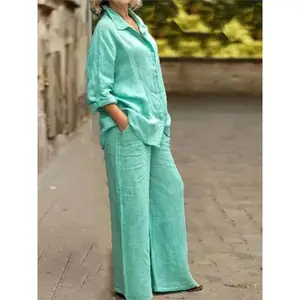 Fashion Cotton Linen Shirt Long Sleeved Women's Set Spring Autumn Loose Cotton  Linen Wide Leg Trousers Female Office 2piece Set