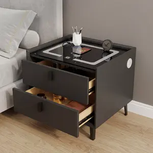 Smart bedside table with charging station and two drawers; modern black sofa side table with LED light and two drawers; suitable for bedroom and living room