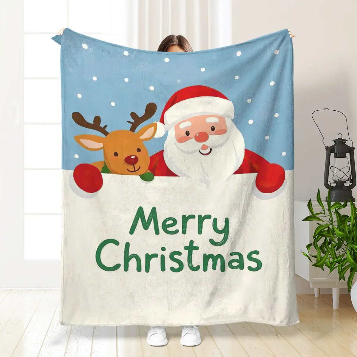Christmas Santa and Deer Blanket, Soft Plush Throw, Fashionable Warm Multifunctional Gift, Ideal for Sofa Bed Office Travel