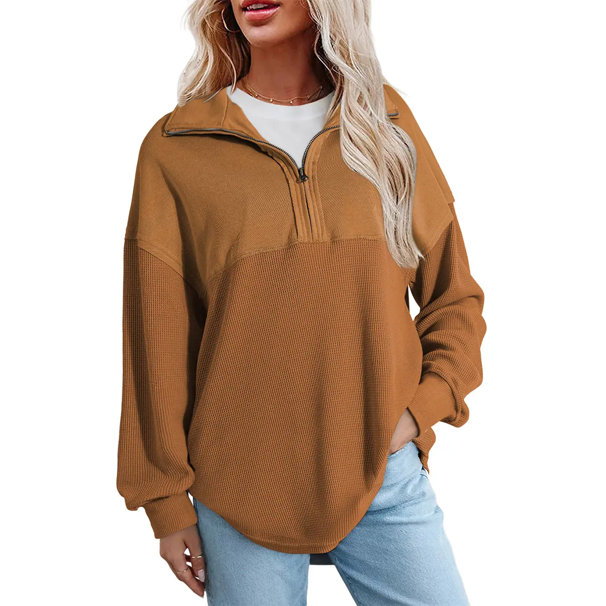 Shewin 2026 Spring Women's Cozy Oversized Waffle Knit Half-Zip Shewin 2026 Spring Women's Cozy Oversized Waffle Knit Half-Zip