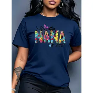 100% cotton women's Mother's Day short-sleeve top with floral butterfly NANA print, round neck, machine washable, comfortable, soft, breathable, suitable for spring, summer, and autumn. Versatile women's top