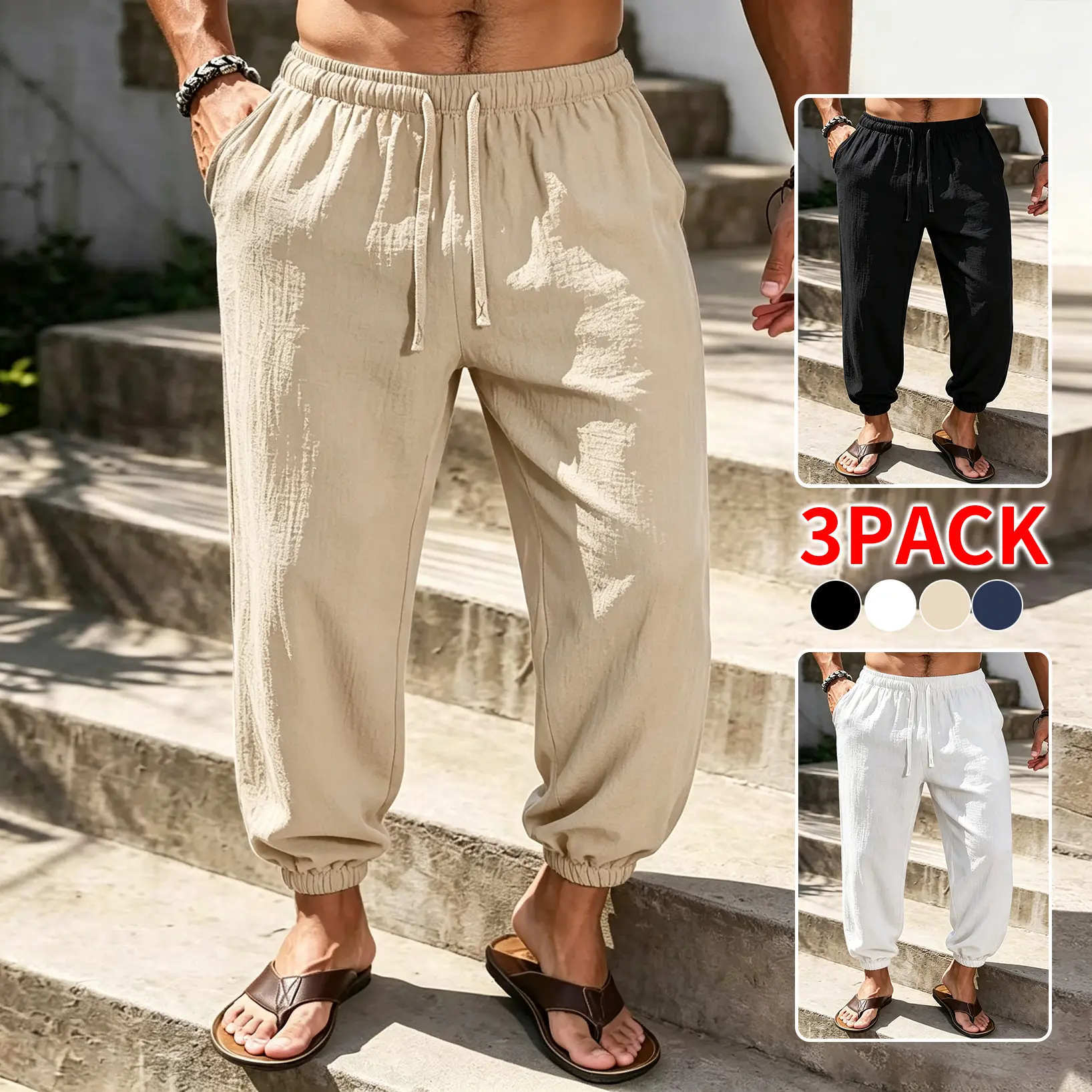 Men's Plain Linen Jogger Pants, Stylish Harem Fit with Drawstring High Waist and Cuffed Ankles, Lightweight for Summer Vacation, Menswear