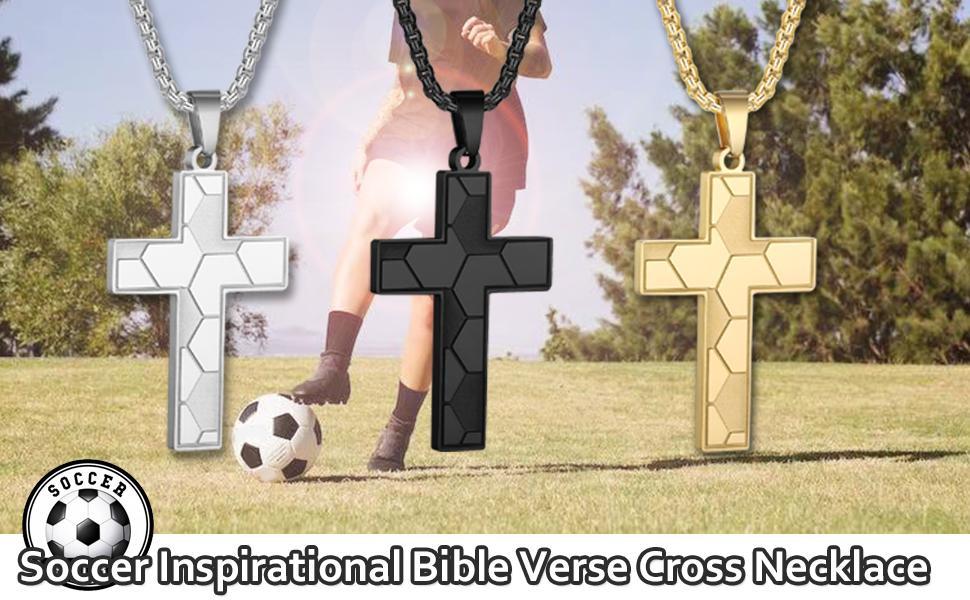 Soccer Cross Necklace for Men Inspirational Bible Verse Cross Pendant Stainless Steel Chain 22+2 inch Soccer Sports Jewelry Football Gift for Men