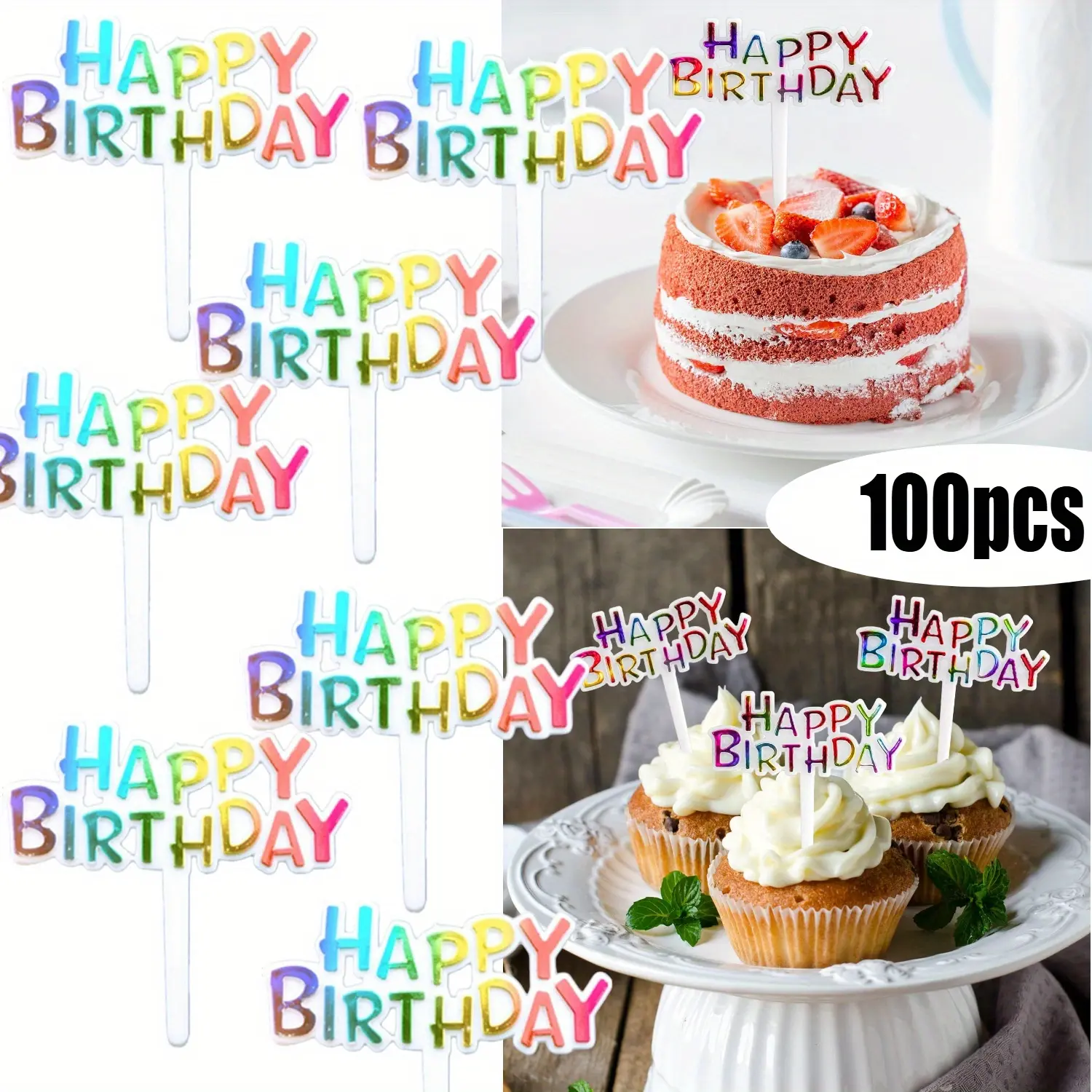 100pcs Plastic Happy Birthday Acrylic Cake Toppers, Cupcake Toppers, Festive Cake Decoration Supplies for Halloween, Christmas Events