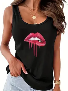 Women's Graphic Boho Chic Sleeveless Scoop Neck Tank Top, Summer Clothes Women, Fashion Casual Lip Print Crew Neck Sleeveless Top for Daily Holiday Vacation Outdoor Wear, Lady's Tops for Summer