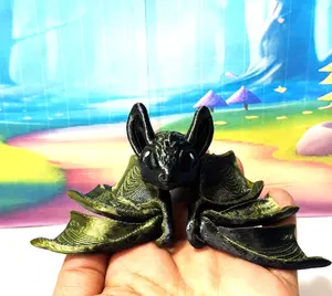 Articulated Bat Cinderwing Bat 3D Printed Mystical Fantasy Halloween Decor 2" Black and Dark Gold Spooky Animal Toy Ornaments