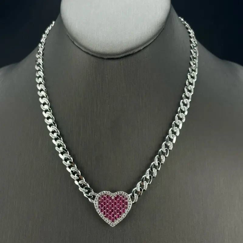 925 Sterling Silver Miami Cuban Link Chain, 7mm, Rhodium-Plated with Heart Baguette Pink and Clear CZ Accents
