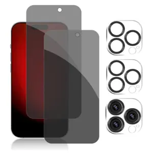 Privacy Screen Protector, 2 Counts Full Coverage Anti-Spy Tempered Glass Film with 2 Counts Camera Lens Protector, Phone Accessories for iPhone 11 12 13 14 15 Pro Max